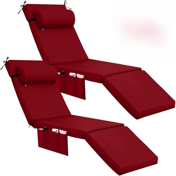 RattanView 2 Pcs Outdoor Chaise Lounge Cushion with Pillow and Side Pockets Waterproof Lounge Chair Cushions for - Photo 1