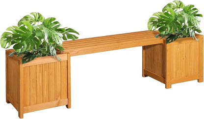 VINGLI Outdoor Wood Bench with Planter Boxes, 2-in-1 All-Weather Porch Bench Seat ＆ Open-Ended Wooden Raised Garden Bed, for Balcony Yard Patio (2 Boxes)