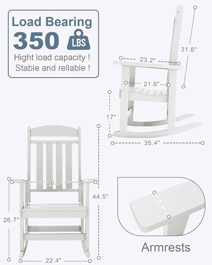 Outdoor Rocking Chairs Set of 4, Oversized High Back Patio Rocking Chairs, All Weather Porch Rocking Chairs for Outside. White
