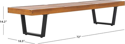 SAFAVIEH Outdoor Patio Furniture Collection – Heather Natural Brown Solid Wood Patio Bench with Black Steel Legs, 72-Inch Modern Outdoor Seating for Garden, Porch or Patio (PAT7327B)