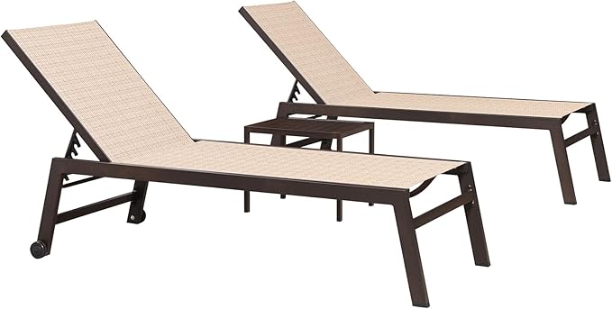 PURPLE LEAF Oversized Patio Lounge Chairs Set of 3, Reclining Pool Lounge Chairs with Side Table and Wheels for All Weather for Outdoor, Deck, Lawn, Aluminum Outside Pool, Light Tan