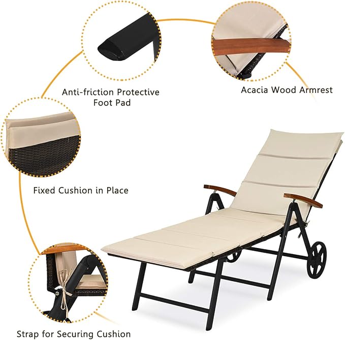 Tangkula Foldable Outdoor Chaise Lounger, Wicker Lounger Chair with Aluminum Black Frame, Wheels for Easy Moving, 7-Position Adjustable Cushioned Rattan Chaise for Poolside, Garden, Balcony and Patio