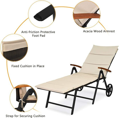 Tangkula Foldable Outdoor Chaise Lounger, Wicker Lounger Chair with Aluminum Black Frame, Wheels for Easy Moving, 7-Position Adjustable Cushioned Rattan Chaise for Poolside, Garden, Balcony and Patio