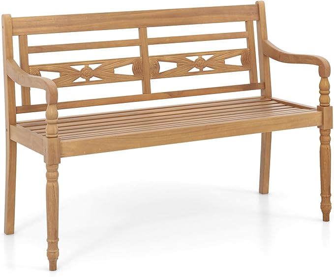 Tangkula Outdoor Bench, 2-Person Garden Bench with Wide Backrest and Curved Armrests, Teak Wood Patio Bench for Backyard, Porch and Park, 600 LBS/300 KG Weight Capacity, Natural