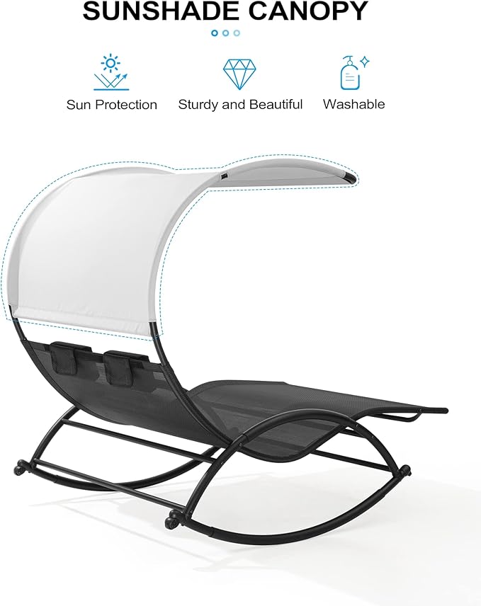 Crestlive Products Outdoor Double Chaise Lounge Chair with Canopy & Wheels, 2 Person Patio Rocking Lounge Chair with Sun Shade & Headrests for Garden, Backyard, Poolside (Black)