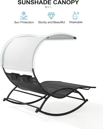 Crestlive Products Outdoor Double Chaise Lounge Chair with Canopy & Wheels, 2 Person Patio Rocking Lounge Chair with Sun Shade & Headrests for Garden, Backyard, Poolside (Black)