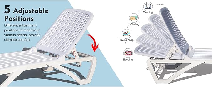 Outdoor Chaise Lounge with Table, Plastic Adjustable Recliner in-Pool Lounger Tanning Lounge Chair with Table for in-Pool, Beach, Poolside, Lawn, White