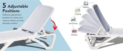 Outdoor Chaise Lounge with Table, Plastic Adjustable Recliner in-Pool Lounger Tanning Lounge Chair with Table for in-Pool, Beach, Poolside, Lawn, White