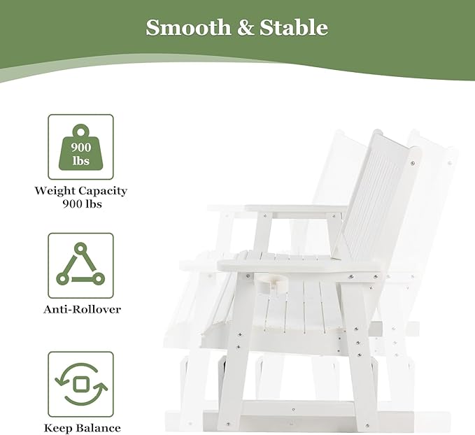 HIPS Patio Glider with Cup Holders, Durable Poly Lumber Material, All-Weather Resistant, High Backrest and Deep Contoured Seat, Heavy Duty 900 LB, for Outdoor, Porch, Patio (Ivory White, 3-Seat)
