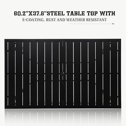 SOLAURA Outdoor Dining Table, 60" x 38" Patio Metal Steel Slat Table for 6-Person with 1.57" Umbrella Hole, for Gardens or Backyards, Black