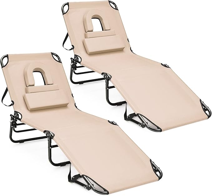 HAPPYGRILL 2PCS Foldable Chaise Lounge Chair with Face Hole & Detachable Pillows, Portable Sunbathing Tanning Chair with 5 Adjustable Positions, Outdoor & Indoor Beach Recliner for Camping Patio