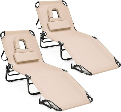 HAPPYGRILL 2PCS Foldable Chaise Lounge Chair with Face Hole & Detachable Pillows, Portable Sunbathing Tanning Chair with 5 Adjustable Positions, Outdoor & Indoor Beach Recliner for Camping Patio
