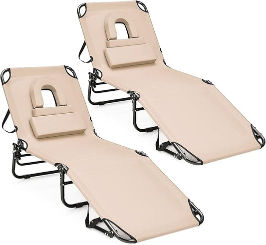 HAPPYGRILL 2PCS Foldable Chaise Lounge Chair with Face Hole & Detachable Pillows, Portable Sunbathing Tanning Chair with 5 Adjustable Positions, Outdoor & Indoor Beach Recliner for Camping Patio