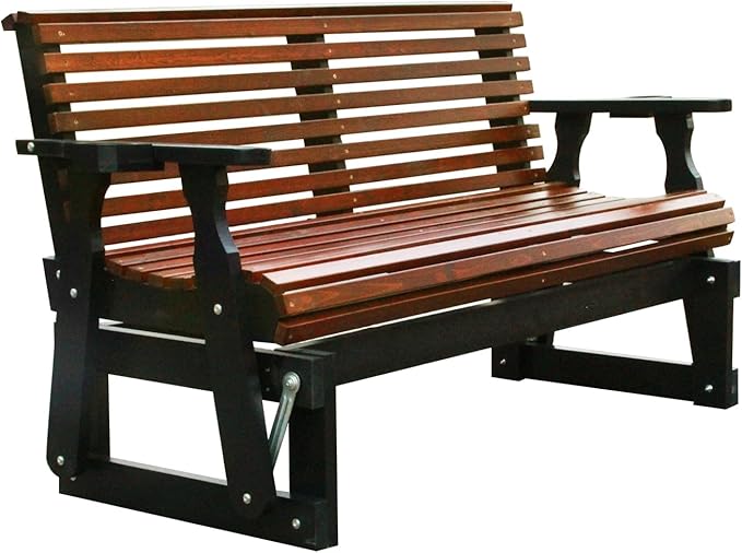 3-Seater Outdoor Glider Chair, 5FT Wood Porch Glider with High Roll Back, Cupholders and Deep Contoured for Porch, Garden, Dark Brown and Dark Grey