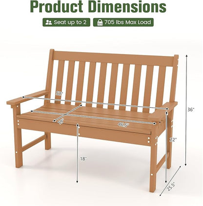 Tangkula HDPE Outdoor Garden Bench with Backrest, 2-Person All-Weather Patio Loveseat Chair with Slatted Seat, 705 lbs Weight Capacity, Patio Benches for Balcony, Garden, Porch, Backyard & Park, Brown