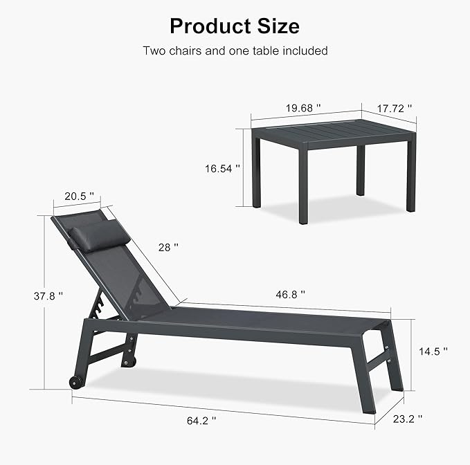 PURPLE LEAF Outdoor Lounge Chair Set Patio Chaise Pool Lounger Aluminum Frame with 2 Side Table and Wheels for Outside Sunbathing Tanning Recliner Including Pillows Gray