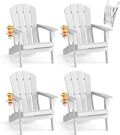 BRIOPAWS Folding-Adirondack-Chairs Set of 4 | HDPE Plastic | Fire Pit Chair | Cup Holder | Curved Back | All Weather | for Outdoor Backyard Deck Patio | White