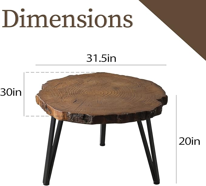 COSIEST Outdoor Faux Wood Tree-Slice Coffee Table, Natural Oak Hand Painted Finish 31.5x20, 3 Black Metal Legs End Table
