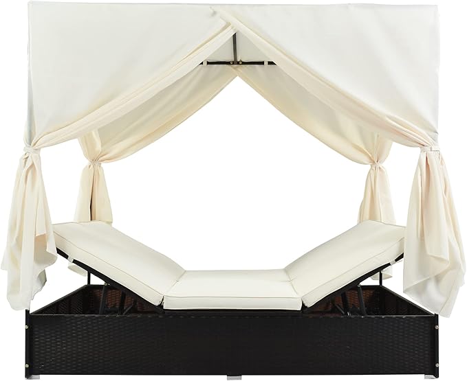 SOFTSEA Outdoor Rattan Daybed with Cushions and Adjustable Seats, Wicker Outdoor Sunbed for Yard Garden, Beige - Photo 7