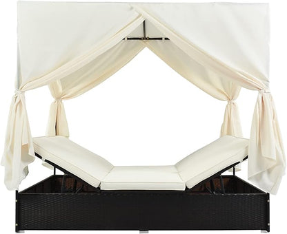 SOFTSEA Outdoor Wicker Daybed Sunbed with Curtains and Adjustable Seats, 2-Person Patio Double Chaise Lounge with Cushions, Patio Lounge Chairs for Poolside Balcony Porch, Beige