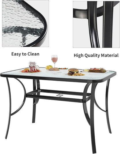 SDHYL 47 Inch Rectangle Tempered Glass Patio Dining Table Patio Table Coffee Table Dining Bistro Table, for Outdoor Garden Balcony Backyard Poolside Lawn, with Umbrella Hole, Black
