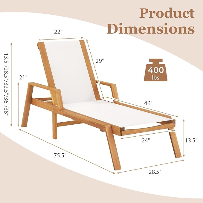 HAPPYGRILL Outdoor Wood Chaise Lounge Set of 2, Patio Tanning Chaise with Adjustable 5-Position Backrest - Photo 3