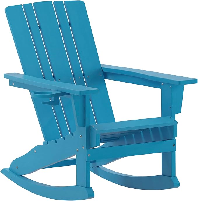 Flash Furniture Halifax Adirondack Rocking Chair with Cup Holder, Weather Resistant Poly Resin Adirondack Rocking Chair, Blue