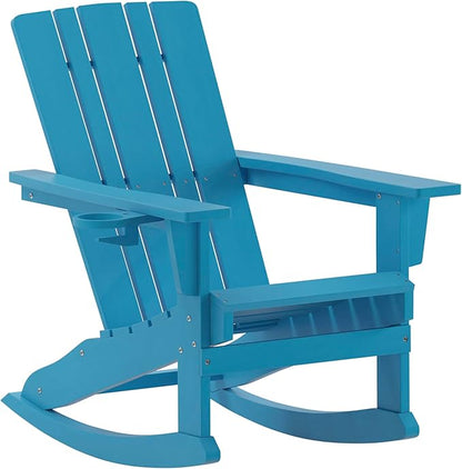 Flash Furniture Halifax Adirondack Rocking Chair with Cup Holder, Weather Resistant Poly Resin Adirondack Rocking Chair, Blue