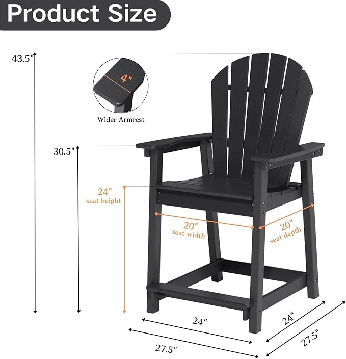 Adirondack Chair Chair Set of 2, Fire Pit Chair Weather Resistant, Ergonomic, Arm Rest, Campfire Chairs, 4 Steps Easy Assembly, Black