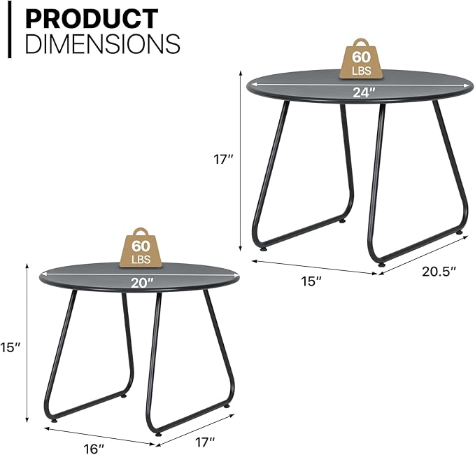 MoNiBloom Black Outdoor Patio Nesting Side Tables Set of 2, Weather Resistant 24" Round Steel Coffee Tables for Garden Balcony Porch Backyard Lawn Deck Yard Poolside Outside