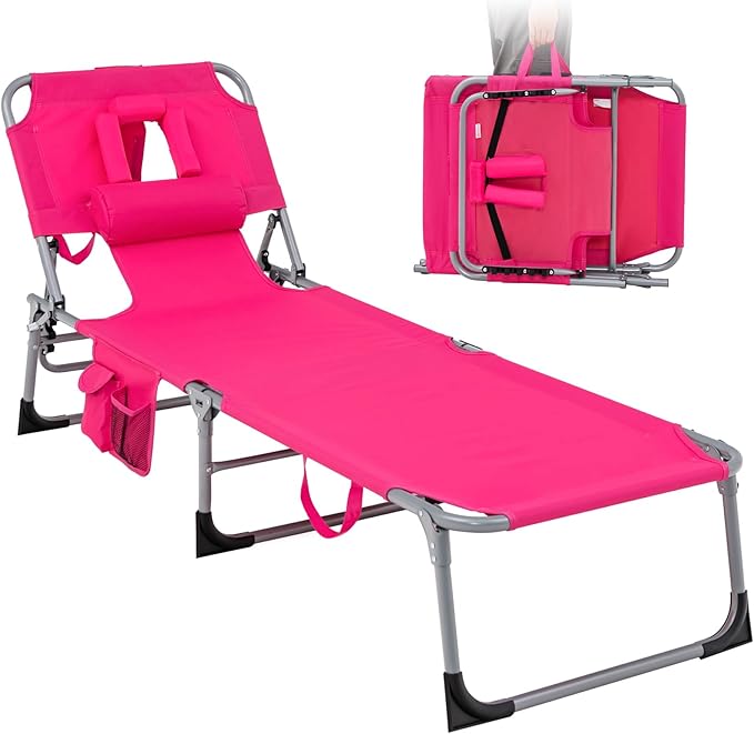 Tangkula Tanning Chair with Face Hole, Patio Folding Adjustable Reclining Beach Sunbathing Lounge Chair with Side Pocket, Portable Face Down Chaise Lounge for Outdoor Backyard Poolside (1)