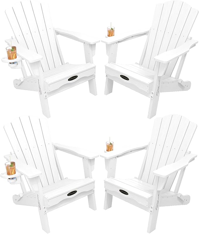 Folding Adirondack Chair Set of 4,HDPE All-Weather Outdoor Chair with Cup Holder,Wooden Textured,Fire Pit Chair,Plastic Patio Chair for Deck,Backyard,Garden,Lawn(White)