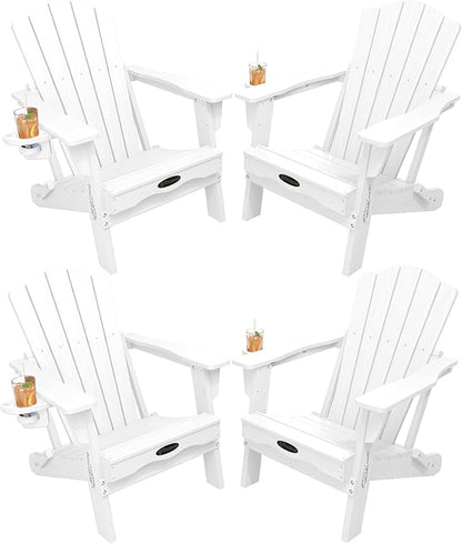 Folding Adirondack Chair Set of 4,HDPE All-Weather Outdoor Chair with Cup Holder,Wooden Textured,Fire Pit Chair,Plastic Patio Chair for Deck,Backyard,Garden,Lawn(White)