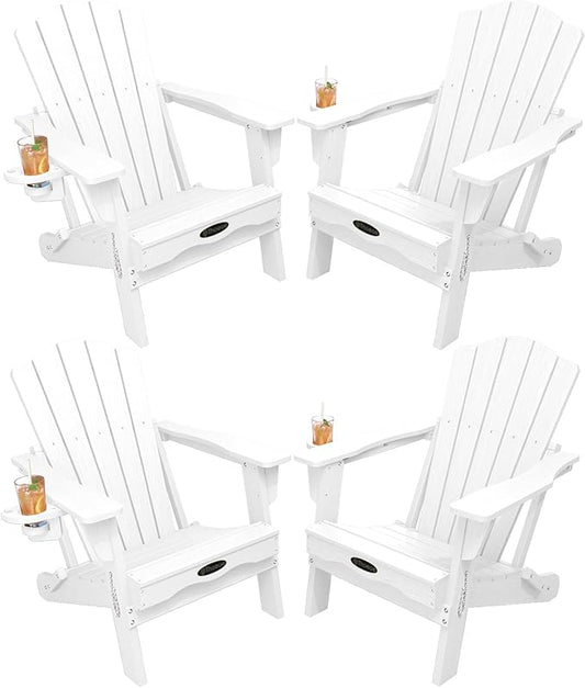 Folding Adirondack Chair Set of 4,HDPE All-Weather Outdoor Chair with Cup Holder,Wooden Textured,Fire Pit Chair,Plastic Patio Chair for Deck,Backyard,Garden,Lawn(White)