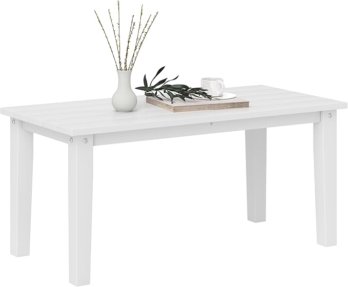 Outsunny HDPE Outdoor Coffee Table, All-Weather Rectangle Patio Coffee Table, Plastic Outdoor Patio Table with Slatted Tabletop for Garden, Balcony, Backyard, White