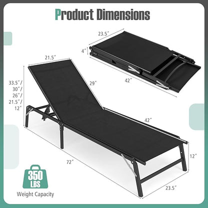 Tangkula Lounge Chair Outdoor Set of 2, Foldable Patio Chaise Lounge Chairs with 5-Position Adjustable Backrests, Breathable Fabric, Heavy Duty Metal Frame, No Assembly, Pool Loungers for Deck, Yard