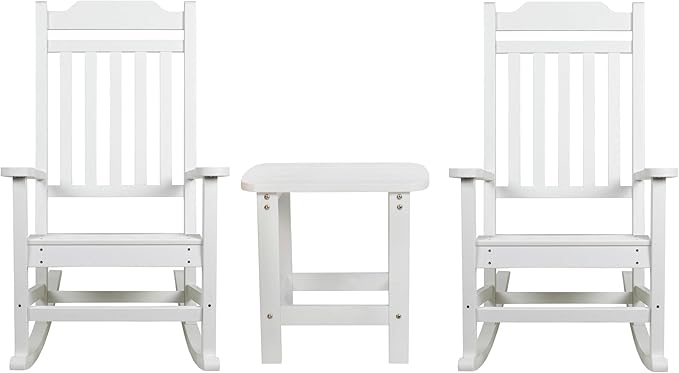 Flash Furniture Winston Set of 2 Rocking Chairs with Side Table - White Poly Resin - Weather Resistant