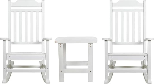Flash Furniture Winston Set of 2 Rocking Chairs with Side Table - White Poly Resin - Weather Resistant