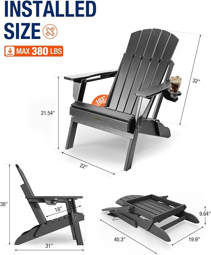 Adirondack Chair with Cup Holder: Adirondack Chairs set of 4 Plastic HDPE Material Furniture - Composite Fire Pit Chairs Foldable for Outdoor/Backyard/Garden/Lawn/Deck/Porch/Patio