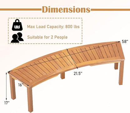 RELAX4LIFE Wooden Outdoor Curved Bench - Acacia Wood Garden Bench w/Slatted Seat, 2-Person Outside Backless Seating for Porch Backyard Deck Park, 800 LBS Load Capacity, Patio Fire Pit Bench (1, 58'')
