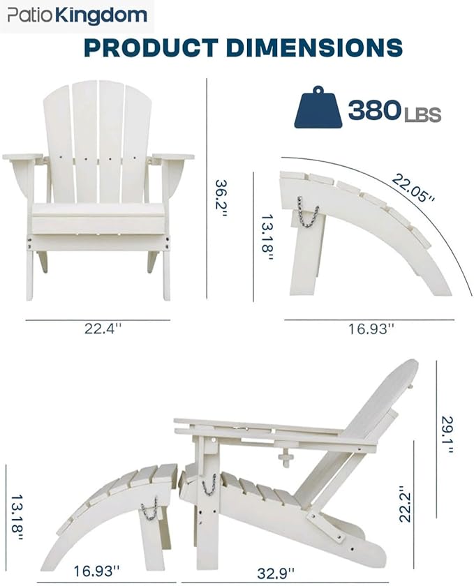 White 6-Piece Folding Adirondack Chair Set with Cup Holders, Ottomans, Side Table & Beige 9FT Patio Umbrella with Base - Photo 2