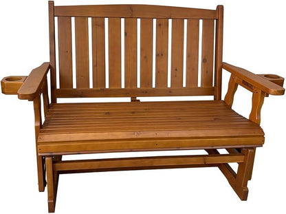 Fortune Candy Wooden Patio Glider, with Cup Holders, High Back and Deep Contoured Seat, Solid Fir Wood, Heavy Duty 800 LBS (Teak Tone, 2-Seater)