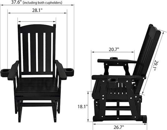 Fortune Candy Wooden Patio Glider for One Person, with High Back and Deep Contoured Seat, Solid Fir Wood, Heavy Duty 600 LBS, Black, 1-Seater