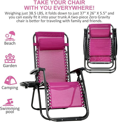 Zero Gravity Chair Patio Chair Lounge Chair Chaise Set of 2 Outdoor Folding Adjustable Recliner Chair with Cup Holder Tray and Pillows for Patio, Pool, Beach, Lawn, Deck, Yard - Red