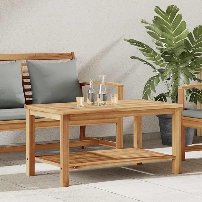 Solid Teak Outdoor Coffee Table 35.4 x 19.7 x 17.7 in Brown Modern Patio Dining Table with Hidden Storage for Garden - Photo 2