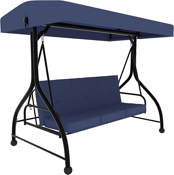 MUPATER 3-Seat Patio Porch Swing Chair, 2-in-1 Outdoor Canopy Swing Glider with Stand and Cushion for Patio, Poolside, Backyard, Blue