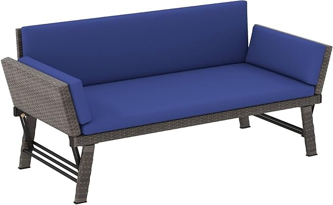 Tangkula Outdoor Convertible Sofa Daybed with Adjustable Armrests, PE Rattan Patio Couch Furniture with Thick Cushions - Photo 1