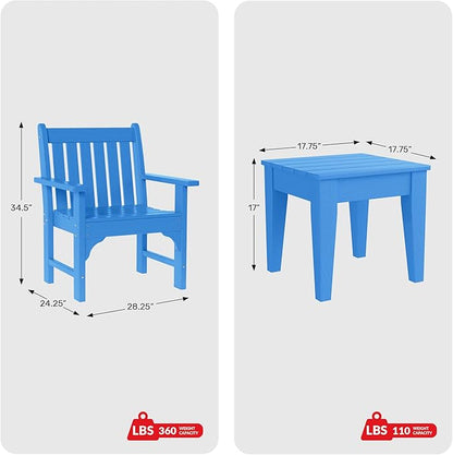 Costaelm Outdoor Patio Table and Chairs Set of 2, 2-Piece HDPE Garden Chair with Square Adirondack Side Table Set, Porch Chairs Coffee Table for Outside Porch Backyard, Pacific Blue