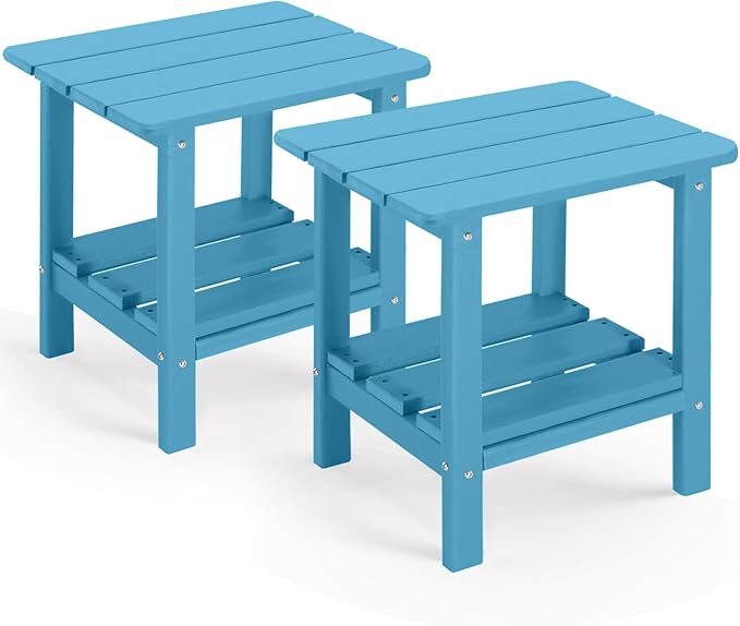 Set of 2 Outdoor Side Table, 2-Tier Small Patio End Table, Weather Resistant HDPE Adirondack Outdoor End Tables for Garden, Lawn, Pool, Beach, Porch, Deck, Backyard - Square, Turquoise