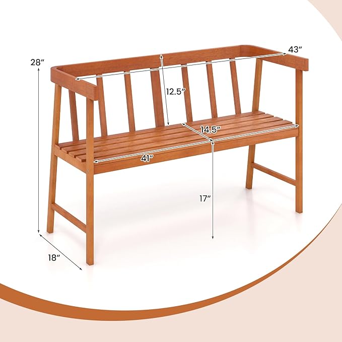 RELAX4LIFE 2-Person Wooden Outdoor Bench - Eucalyptus Wood Patio Garden Bench with Backrest, Armrests & Slatted Seat for Poolside Deck Backyard Balcony Park Front Porch, 800 LBS Weight Capacity